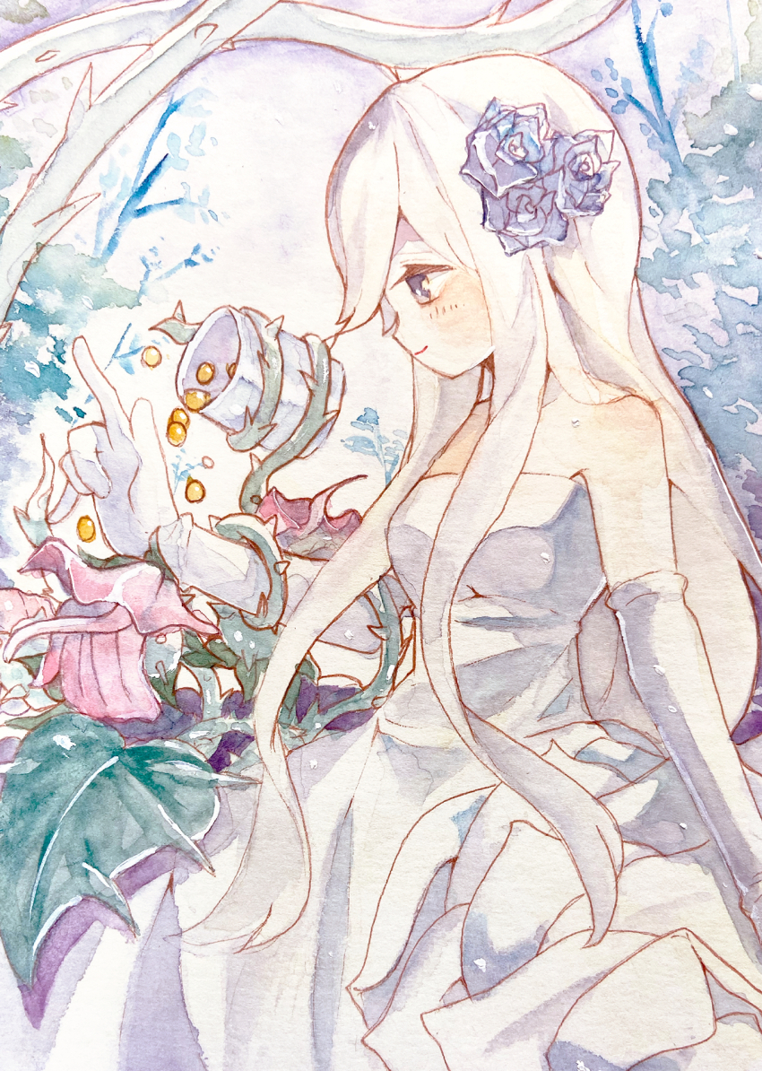 1girl, bare_shoulders, black_eyes, black_flower, black_rose, blush, breasts, closed_mouth