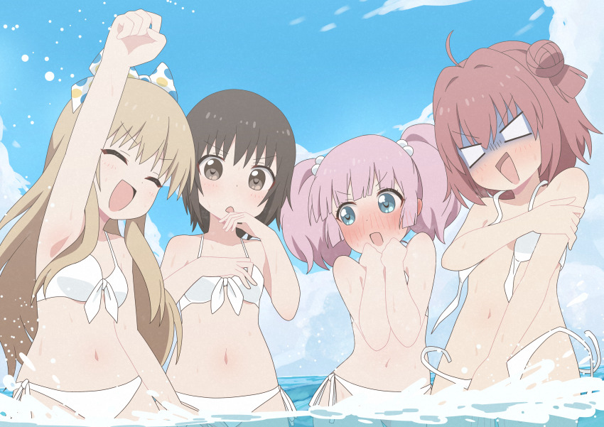 4girls, absurdres, ahoge, akaza_akari, bikini, blonde_hair, blue_eyes, blush, bow, breasts, brown_eyes, brown_hair, closed_eyes, funami_yui, hair_bobbles, hair_bow, hair_ornament, highres, loli, long_hair, multiple_girls, navel, ocean, okaasan_(okaasandx), untied_bikini, open_clothes, open_mouth, outdoors, pink_hair, red_hair, short_hair, side-tie_bikini_bottom, sky, small_breasts, smile, swimsuit, toshinou_kyouko, twintails, wardrobe_malfunction, white_bikini, yoshikawa_chinatsu, yuruyuri