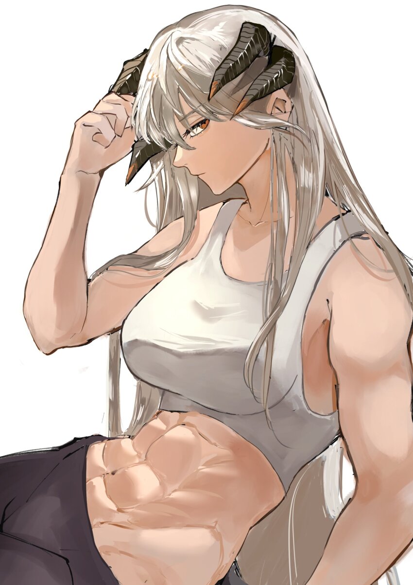 1girl, a6_9s_rinlin, arknights, armpits, black_pants, breasts, cowboy_shot, dragon_horns, expressionless, grey_hair, highres, horns, large_breasts, long_hair, looking_at_viewer, missing_commentary, muscular, muscular_female, orange_eyes, pants, saria_(arknights), simple_background, solo, sports_bra, white_background, white_sports_bra