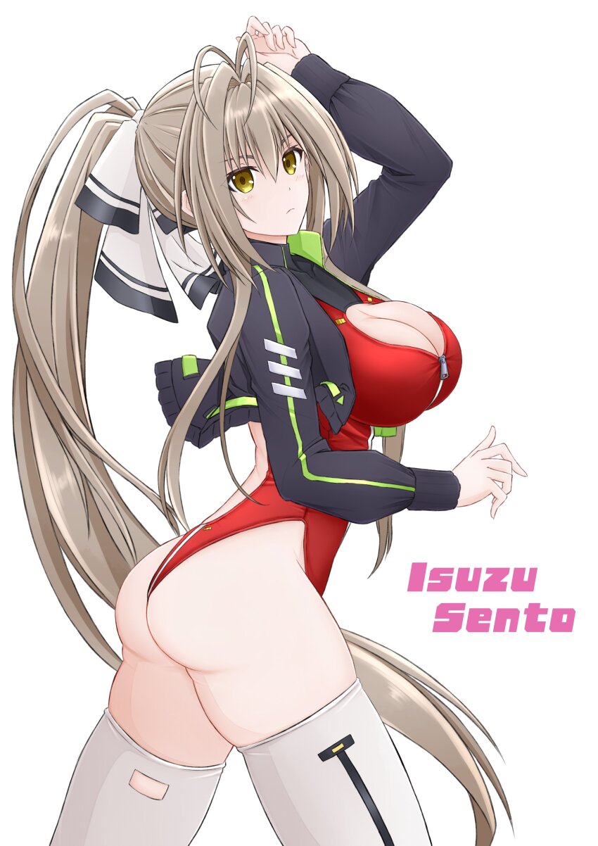 1girl, absurdres, amagi_brilliant_park, ass, breasts, brown_hair, cleavage, companion/af, highres, ponytail, sento_isuzu, thighhighs, tubamesaapoo, white_thighhighs