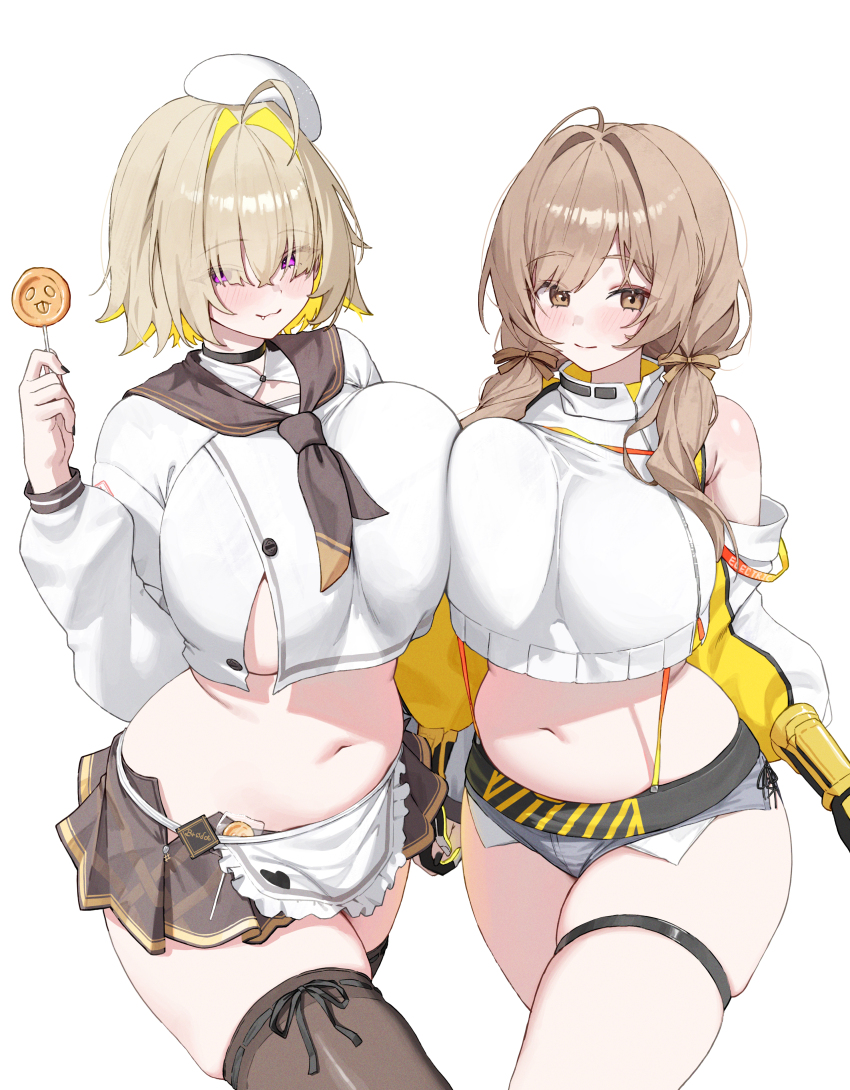 2girls, absurdres, blonde_hair, blush, bready_(nikke), bready_(nikke)_(cosplay), breasts, brown_eyes