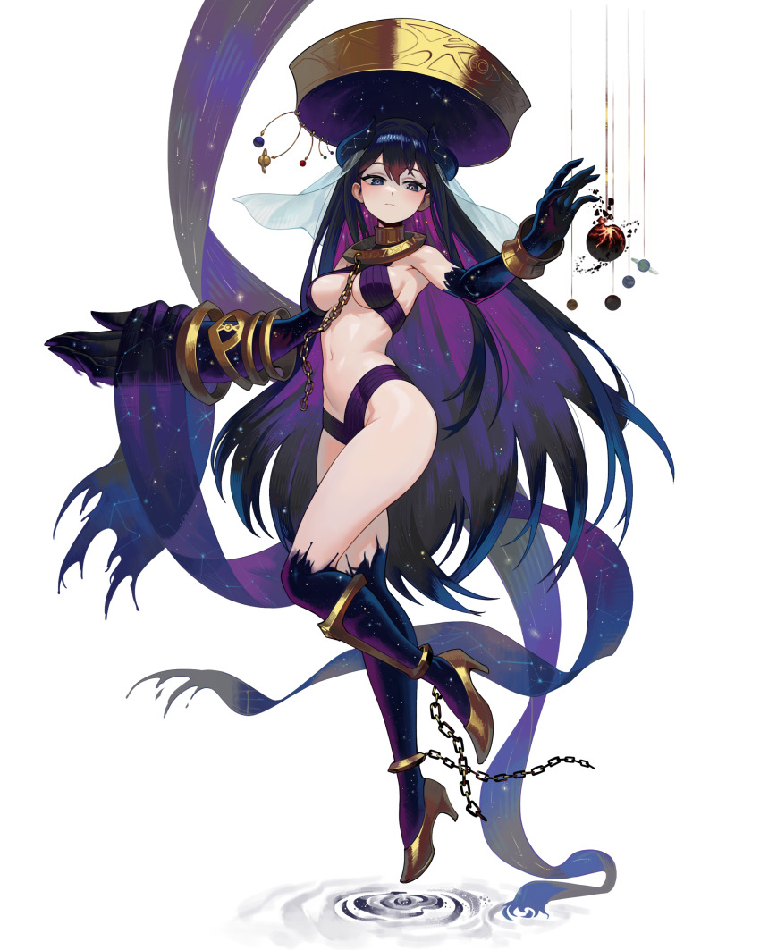 1girl, absurdres, anklet, asymmetrical_arms, black_hair, bracelet, breasts, chain