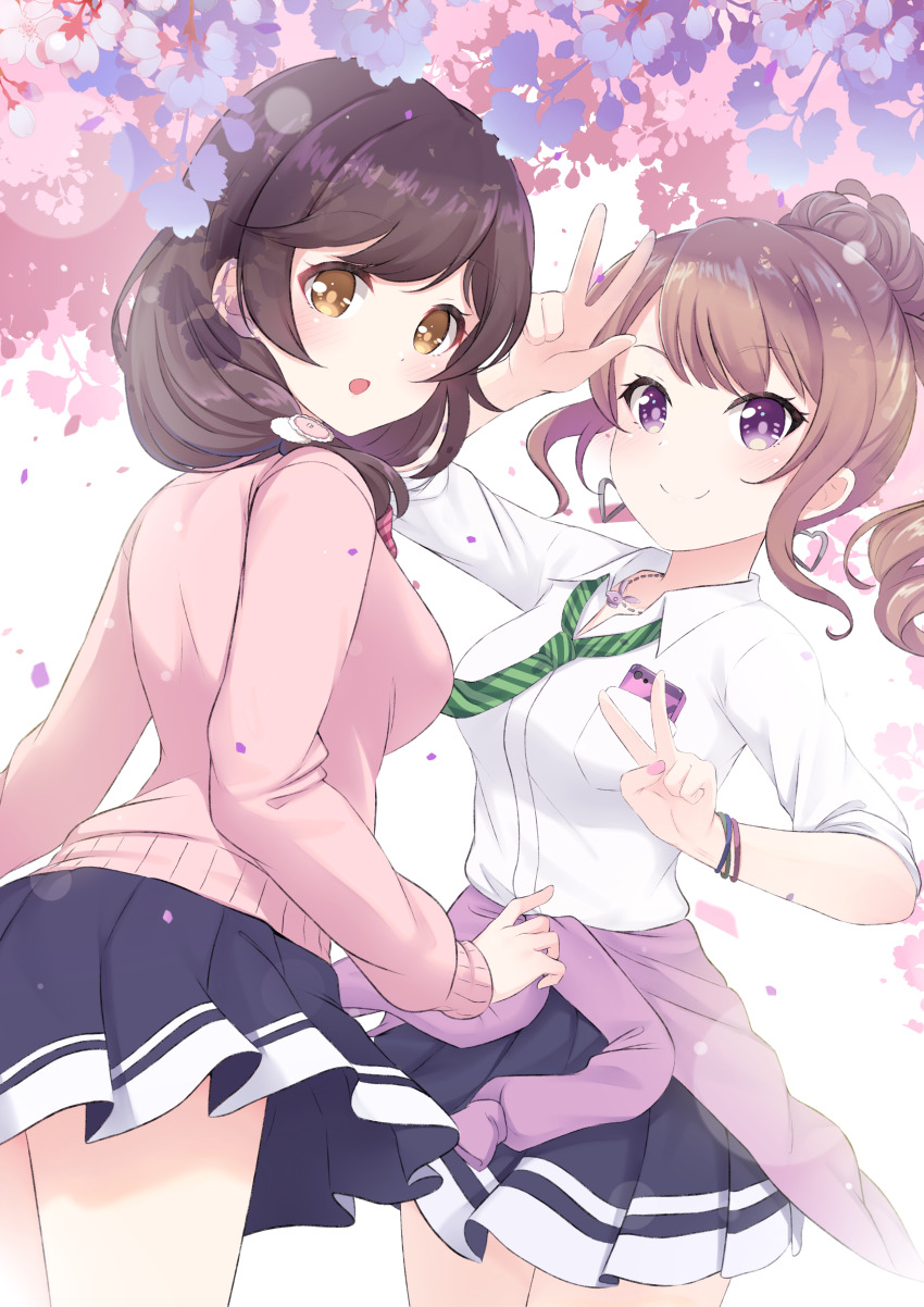 2girls, absurdres, arm_up, black_skirt, blush, breasts, brown_eyes, brown_hair