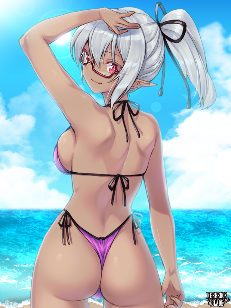 1girl, arm_up, ass, bikini, black_ribbon, copyright_name, dark-skinned_female, dark_skin, grey_hair, hair_ribbon, kerberos_blade, kurutia_dorent, looking_at_viewer, ocean, outdoors, ozuka_suma, pointy_ears, ponytail, purple_bikini, red_eyes, ribbon, side-tie_bikini_bottom, smile, solo, standing, swimsuit