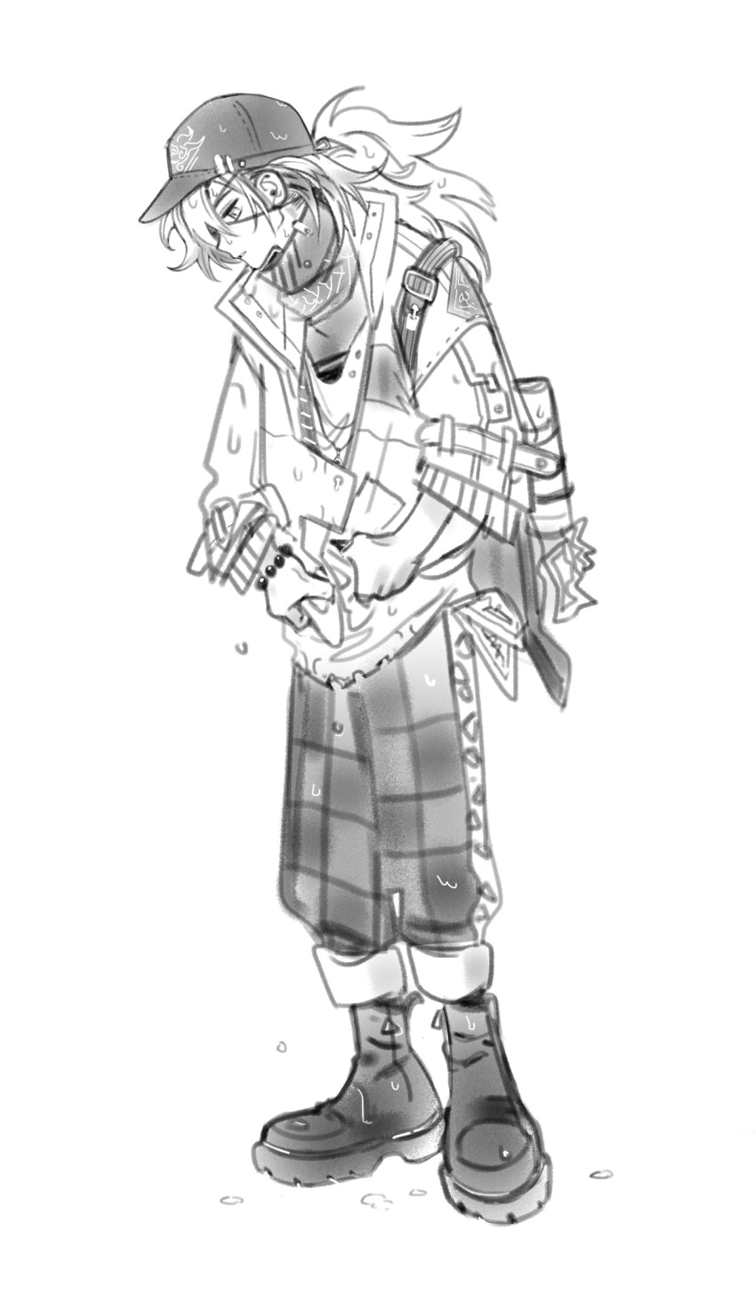 1boy, bag, bandana, baseball_cap, bead_bracelet, beads, boots, bracelet