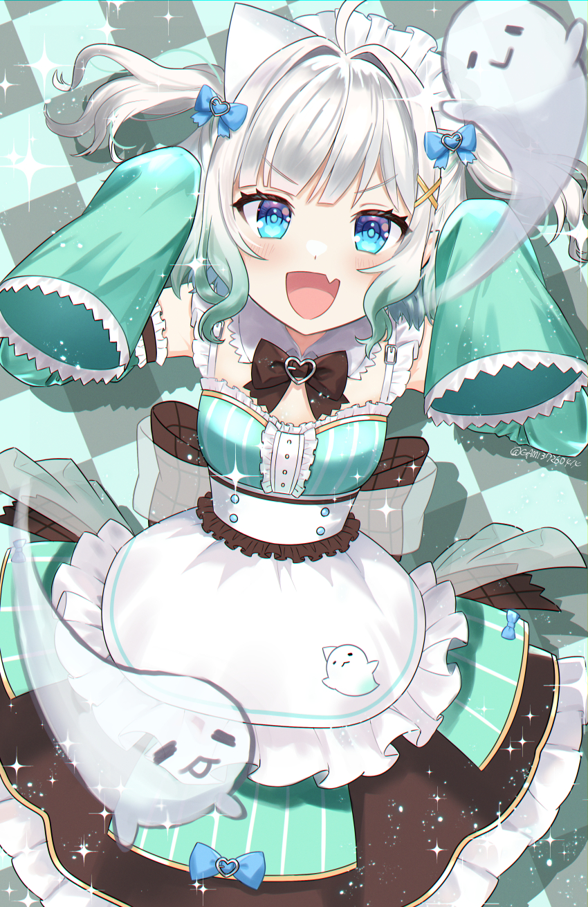 1girl, absurdres, apron, artist_name, back_bow, blue_eyes, bow, bowtie