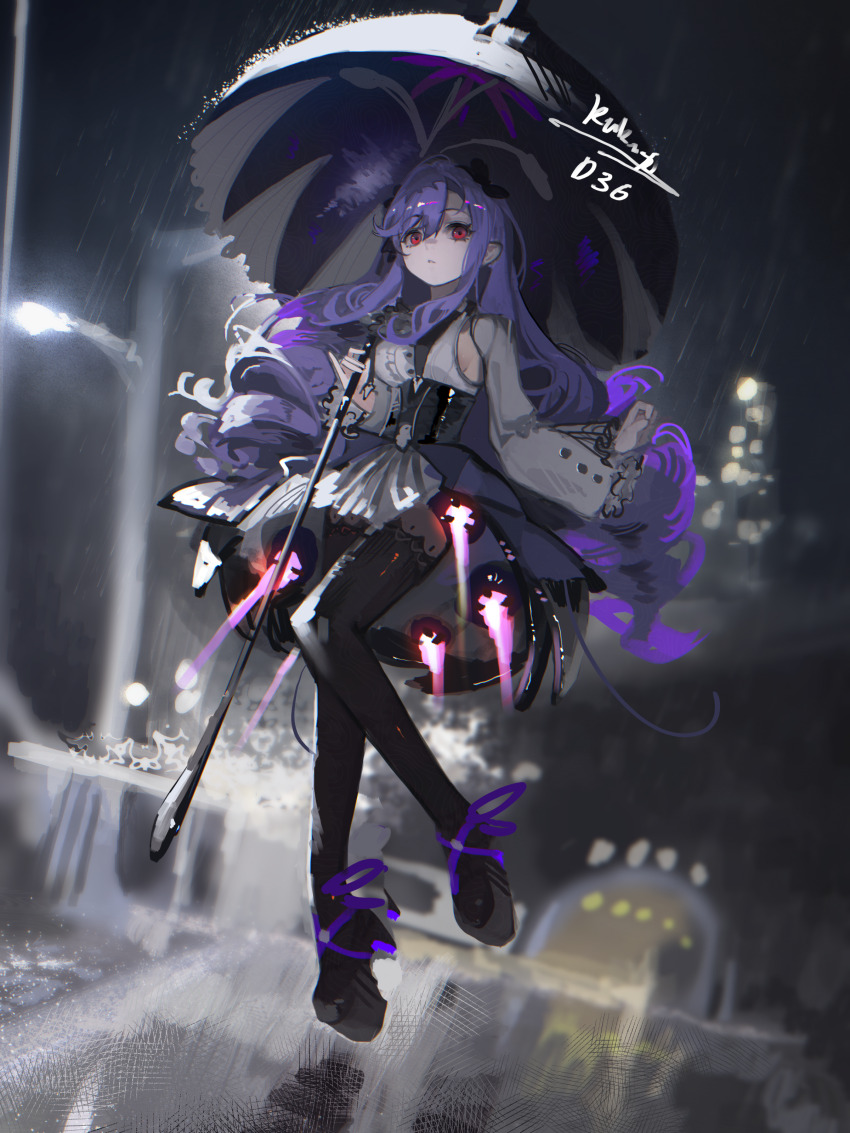 1girl, absurdres, armpit_cutout, black_bow, black_corset, black_pantyhose, black_shoes, black_umbrella