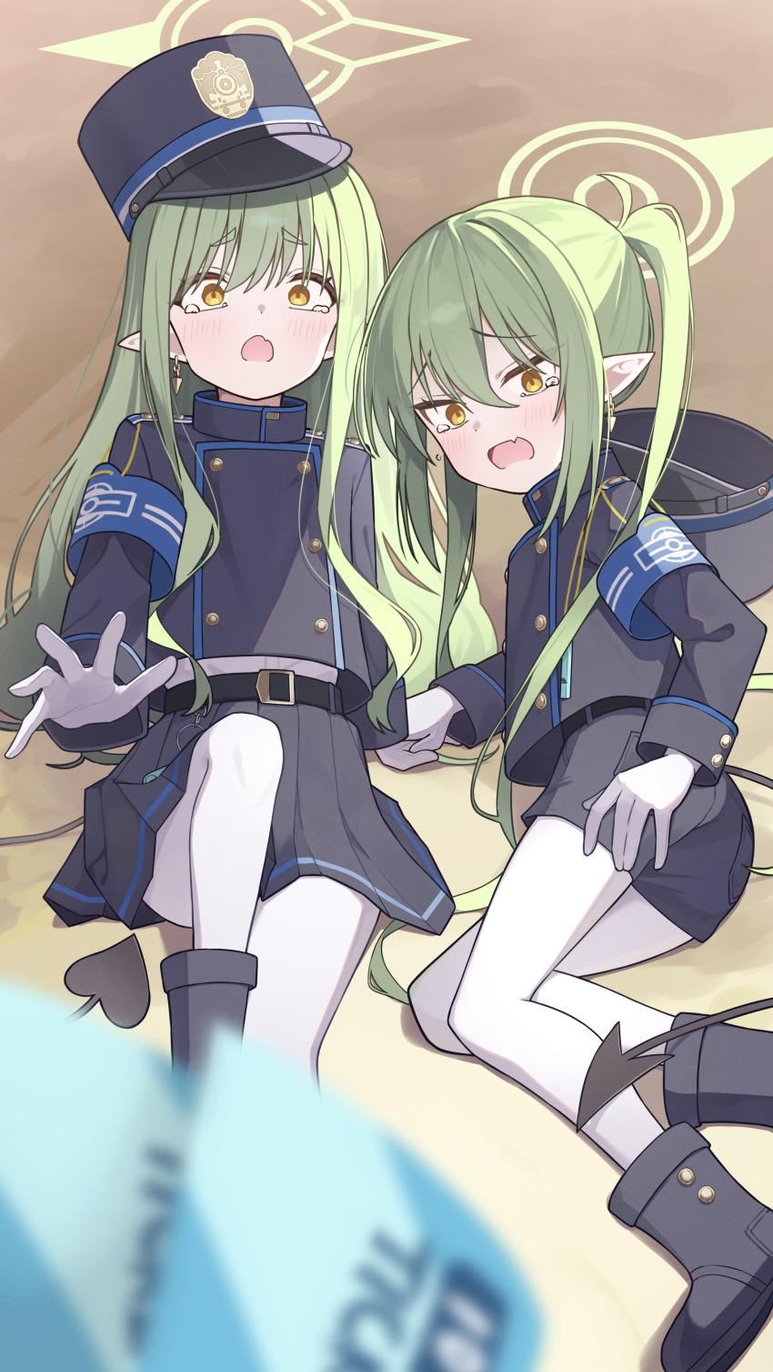 1boy, 2girls, absurdres, ankle_boots, armband, belt, black_belt, blue_archive