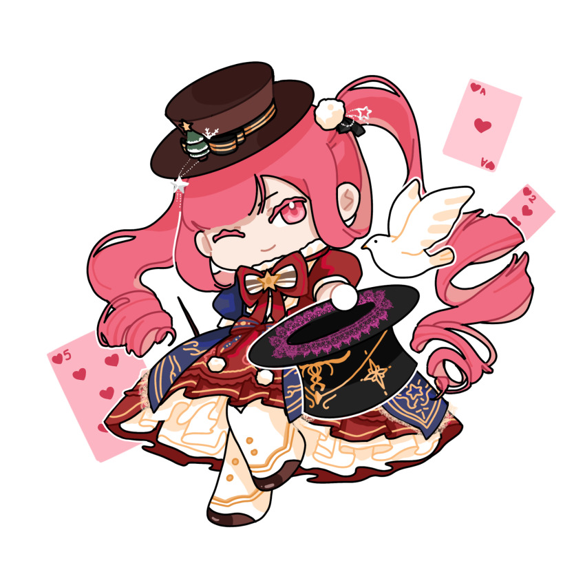 1girl, ace_(playing_card), ace_of_hearts, asymmetrical_sleeves, bird, black_bow, black_hat, black_ribbon, blue_dress, bow, brooch, brown_shoes, card, character_request, chibi, chinese_commentary, christmas_tree, closed_mouth, collared_shirt, colored_eyelashes, commentary_request, dove, dress, drill_hair, eeeestella, floating_card, frilled_dress, frilled_shirt_collar, frills, gloves, hair_ornament, hair_ribbon, happy, hat, hat_bow, hat_ornament, heart, high_collar, highres, holding, holding_unworn_clothes, holding_unworn_hat, holding_wand, jewelry, kneehighs, leg_up, long_hair, looking_at_viewer, magician, medium_dress, mismatched_sleeves, neck_ribbon, nikki_(series), one_eye_closed, outline, pink_eyes, pink_hair, playing_card, pom_pom_(clothes), pom_pom_hair_ornament, puffy_short_sleeves, puffy_sleeves, red_dress, red_ribbon, ribbon, shining_nikki, shirt, shirt_under_dress, shoes, short_sleeves, simple_background, smile, snowflake_hat_ornament, socks, solo, star_(symbol), star_brooch, star_hair_ornament, star_hat_ornament, striped_bow, top_hat, tsurime, twin_drills, twintails, two-tone_dress, unworn_hat, unworn_headwear, wand, white_background, white_gloves, white_outline, white_shirt, white_socks