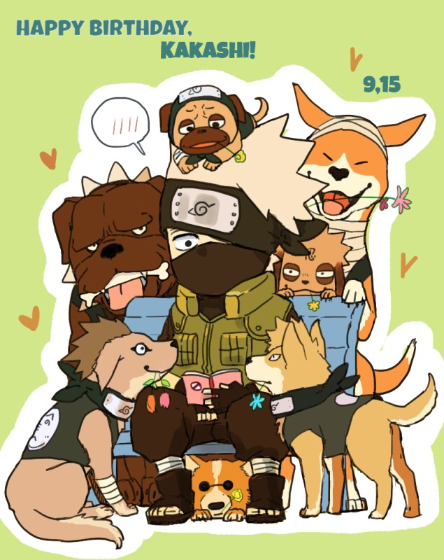 1boy, akino_(naruto), bisuke_(naruto), book, bull_(naruto), dog, grey_hair, guruko_(naruto)