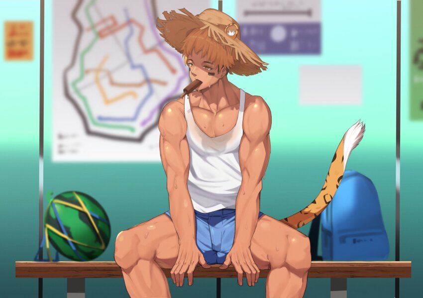 1boy, animal_ears, bad_id, bad_pixiv_id, bare_shoulders, bench, bus_stop, facepaint