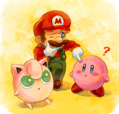 1boy, ?, bad_id, bad_pixiv_id, blue_eyes, facial_hair, gen_1_pokemon, gloves, green_eyes, hat, jigglypuff, kirby, kirby_(series), lowres, mario, mario_(series), mustache, nintendo, nopepe, one_eye_closed, overalls, pokemon, pokemon_(creature), super_mario_bros._1, super_smash_bros., wink