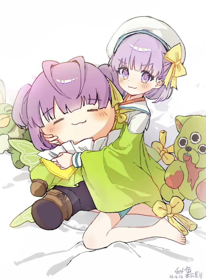 1girl, :3, barefoot, beret, bow, character_doll, dated, doll