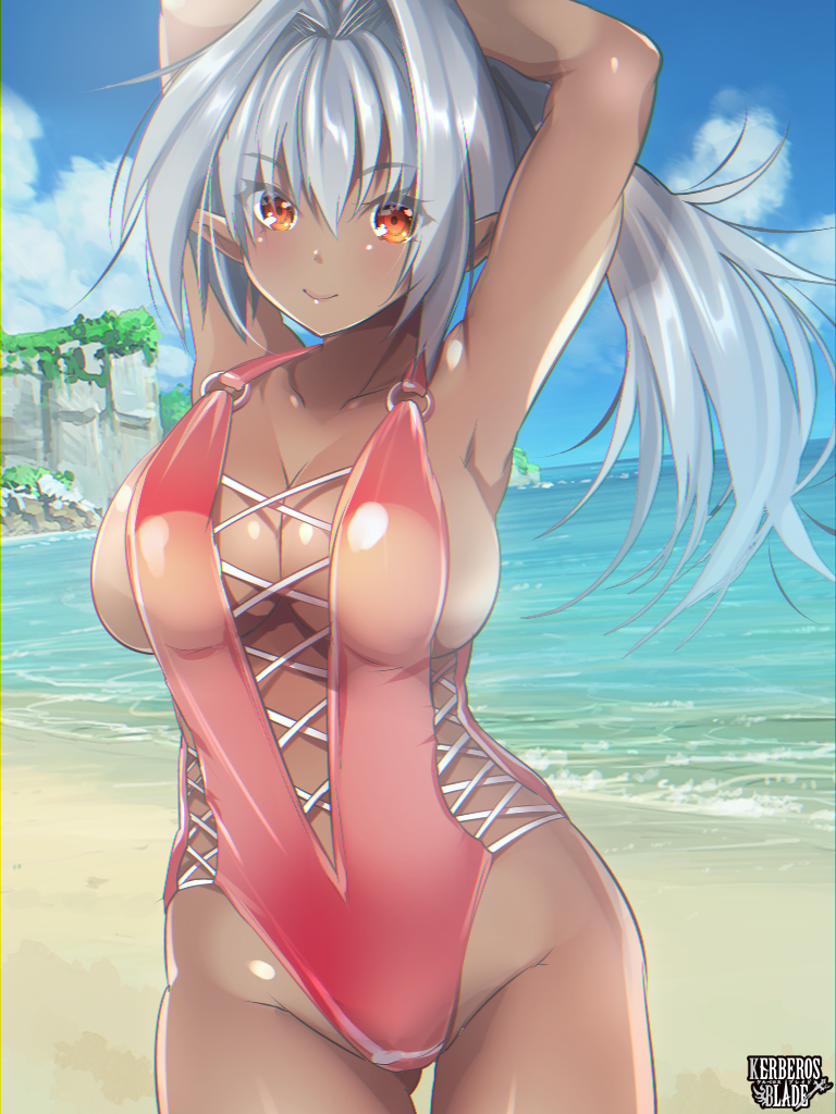 1girl, arms_up, beach, breasts, cloud, copyright_name, dark-skinned_female, dark_skin