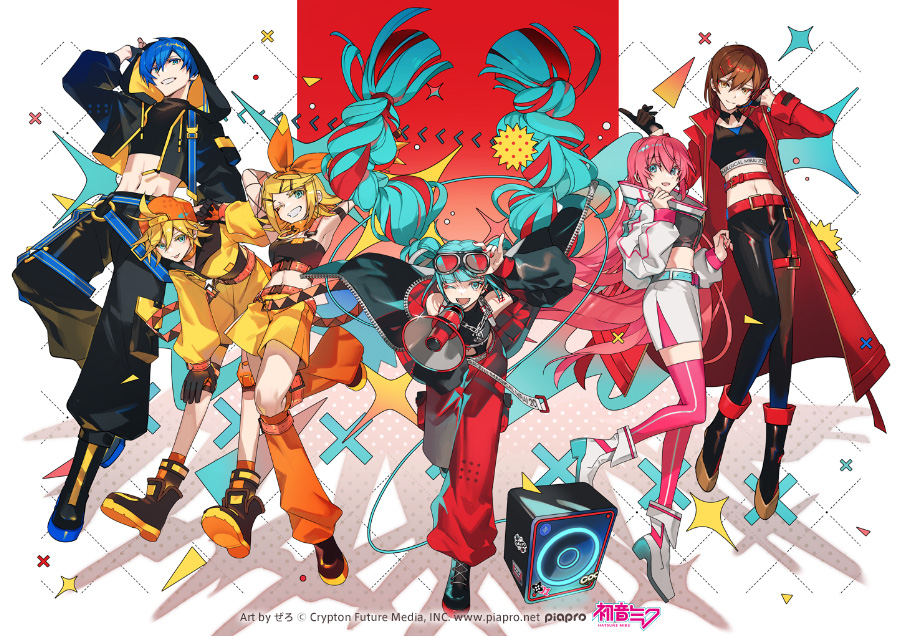 2boys, 39, 4girls, ;d, aqua_belt, aqua_eyes, aqua_hair, artist_name