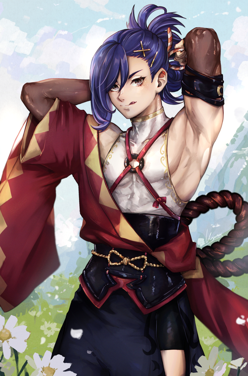 1boy, absurdres, bare_shoulders, blue_hair, fire_emblem, fire_emblem_engage, folded_ponytail, highres