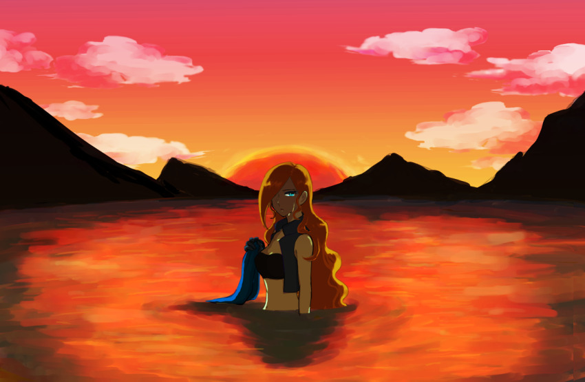 1girl, :o, bandeau, bare_shoulders, black_bandeau, blue_eyes, blue_vest, breasts, cloud, cropped_vest, crying, crying_with_eyes_open, evening, eyelashes, gradient_sky, hair_over_one_eye, holding_bandana, holding_cloth, long_hair, looking_at_viewer, midriff, mikkakan, mountainous_horizon, navel, nintendo, open_clothes, open_vest, orange_hair, orange_sky, outdoors, parted_lips, partially_submerged, pokemon, pokemon_ruby/sapphire/emerald, shelly_(pokemon), single_tear, sky, solo, sun, sunset, team_aqua, tears, unworn_bandana, unworn_headwear, vest, water