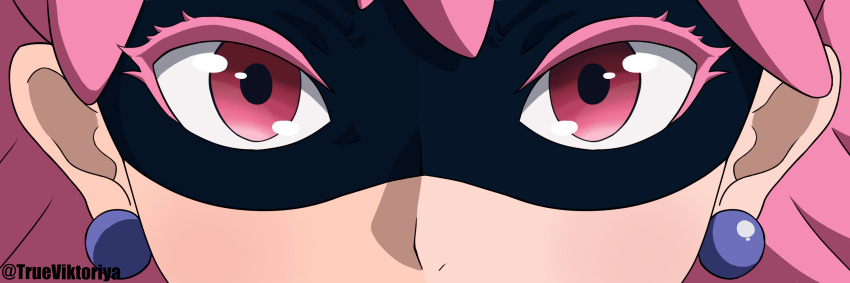 1girl, black_mask, boku_no_hero_academia, close-up, commentary, domino_mask, earrings, english_commentary, eye_banner_(trend), eye_mask, haneyama_kazuho, highres, jewelry, looking_at_viewer, mask, pink_eyes, pink_hair, twitter_username, vigilante_-boku_no_hero_academia:_illegals-