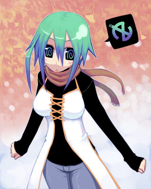 1girl, :o, @_@, aqua_hair, black_sweater, blue_hair, blurry, blurry_background
