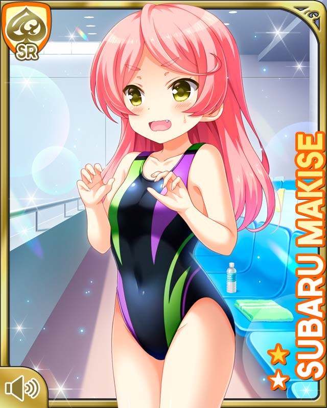 1girl, alternate_hairstyle, black_one-piece_swimsuit, day, fang, girlfriend_(kari), indoor_pool, indoors