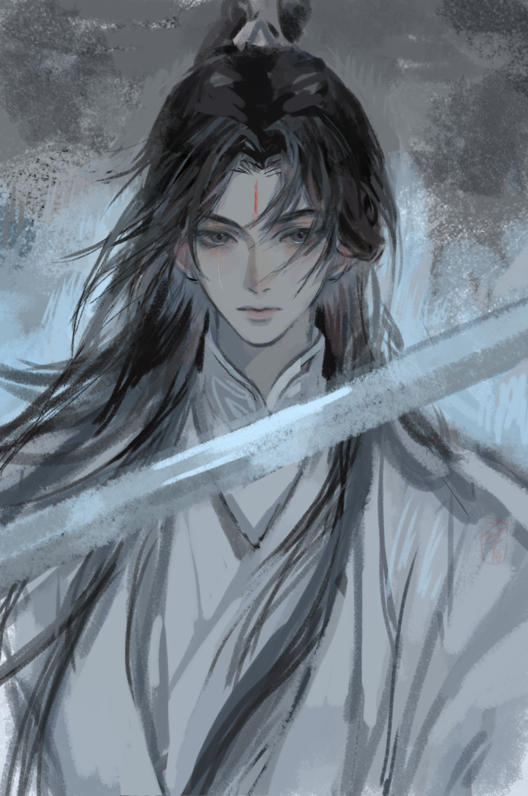 1boy, black_hair, chinese_clothes, chinese_commentary, closed_mouth, crying, crying_with_eyes_open, facial_mark, forehead_mark, grey_eyes, guapi_he_yu, hanfu, highres, holding, holding_sword, holding_weapon, liu_yao, long_hair, looking_at_viewer, male_focus, single_tear, solo, sword, tears, topknot, upper_body, weapon, white_hanfu, xiao_guan_(headdress), yan_zhengming