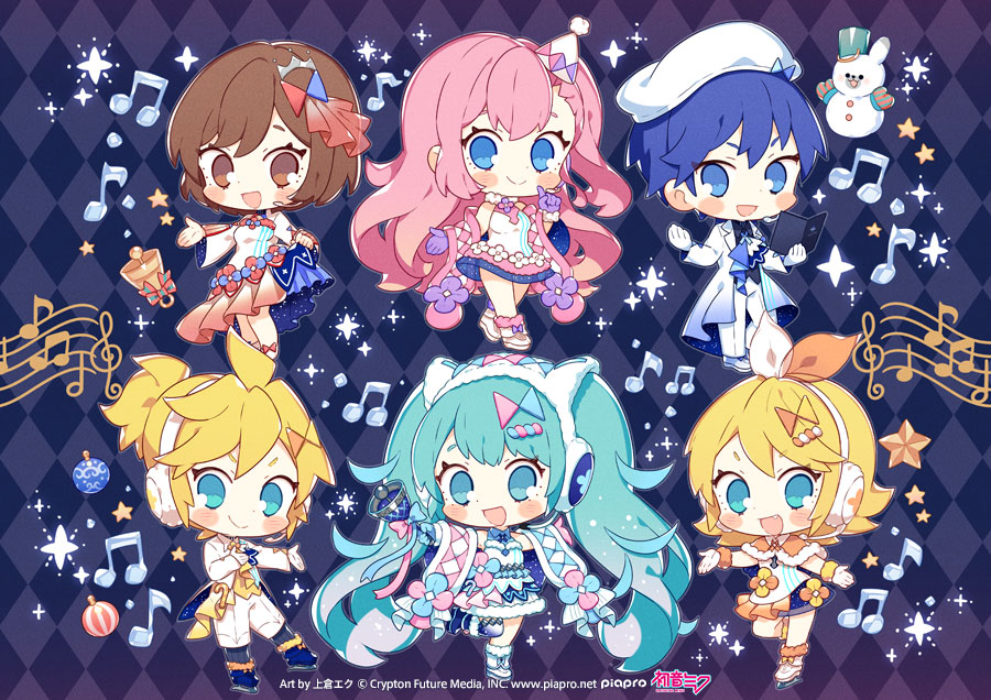 2boys, 4girls, :d, aqua_eyes, aqua_hair, bell, blonde_hair, blue_bow