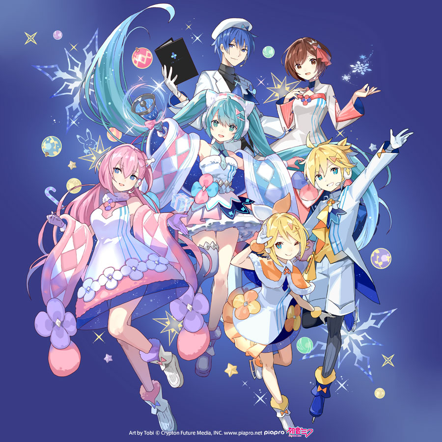 2boys, 4girls, :d, ;), aqua_eyes, aqua_hair, artist_name, black_pantyhose