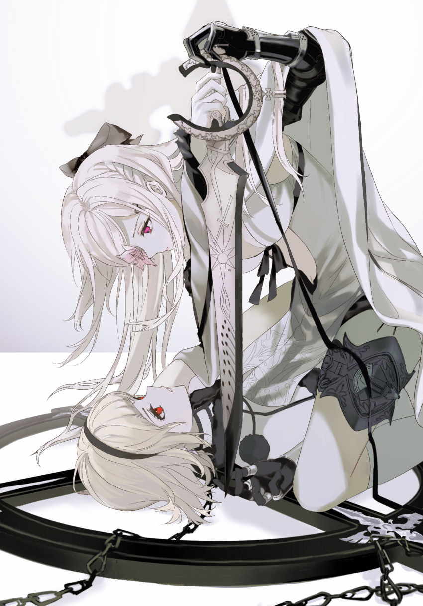 2girls, black_bow, black_gloves, black_hairband, blonde_hair, bow, breasts, cape