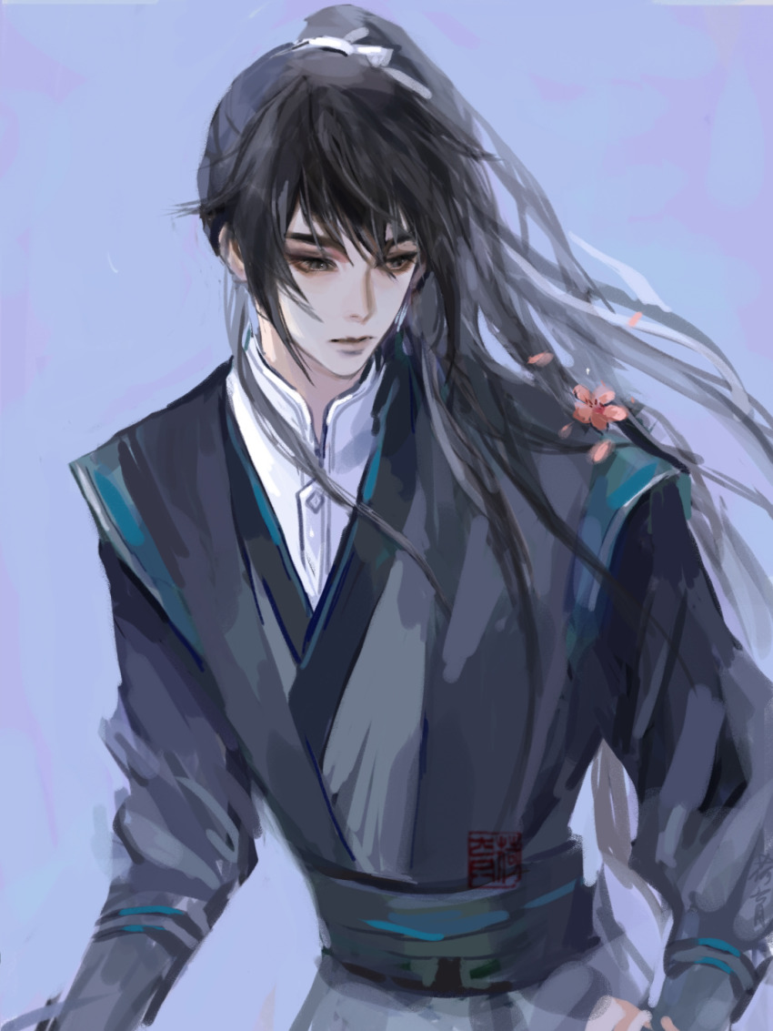 1boy, black_hair, black_hanfu, black_sash, cheng_qian, chinese_clothes, closed_mouth, cowboy_shot