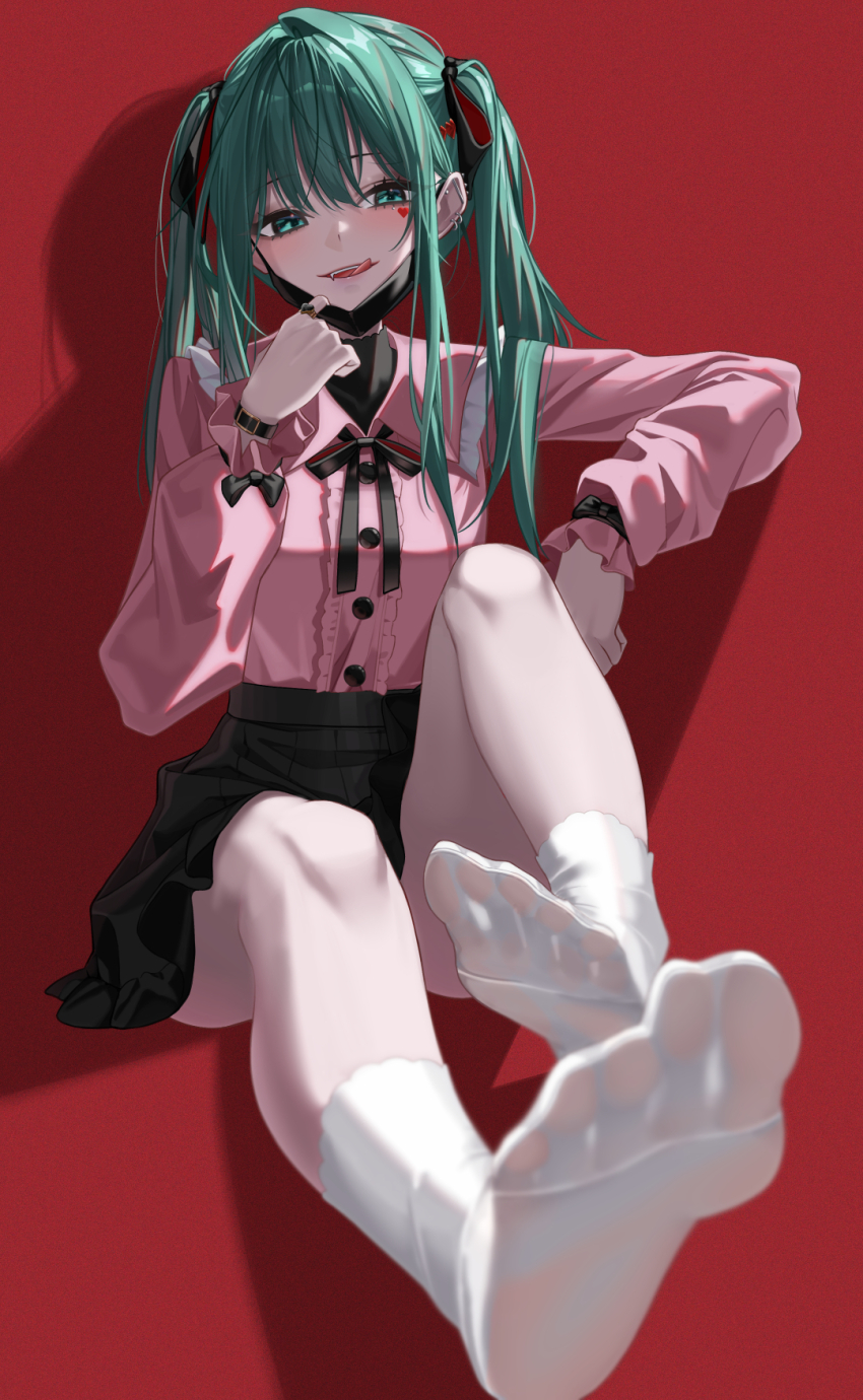 1girl, arm_rest, black_ribbon, black_skirt, blurry, bratja, buttons, center_frills