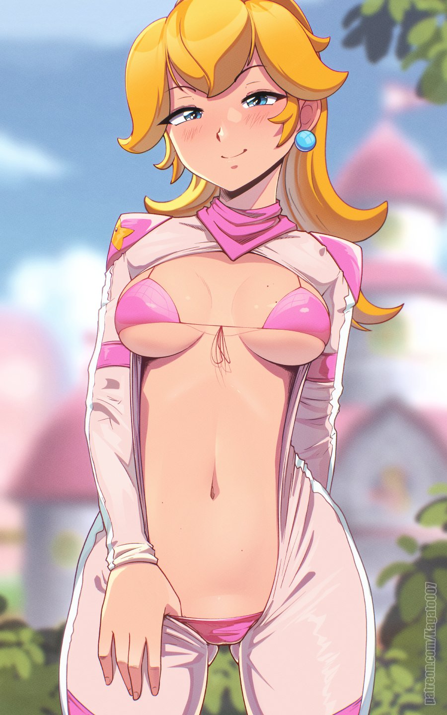 1girl, arm_behind_back, biker_peach, bikini, blonde_hair, blue_eyes, blurry, blurry_background, bodysuit, breasts, closed_mouth, commentary, cowboy_shot, day, earrings, flipped_hair, front-tie_bikini_top, front-tie_top, highres, jewelry, kagato007, long_hair, long_sleeves, looking_at_viewer, mario_(series), medium_breasts, navel, nintendo, official_alternate_costume, open_bodysuit, open_clothes, outdoors, patreon_username, pink_bikini, pink_bodysuit, princess_peach, princess_peach's_castle, smile, solo, sphere_earrings, standing, stomach, string_bikini, swimsuit
