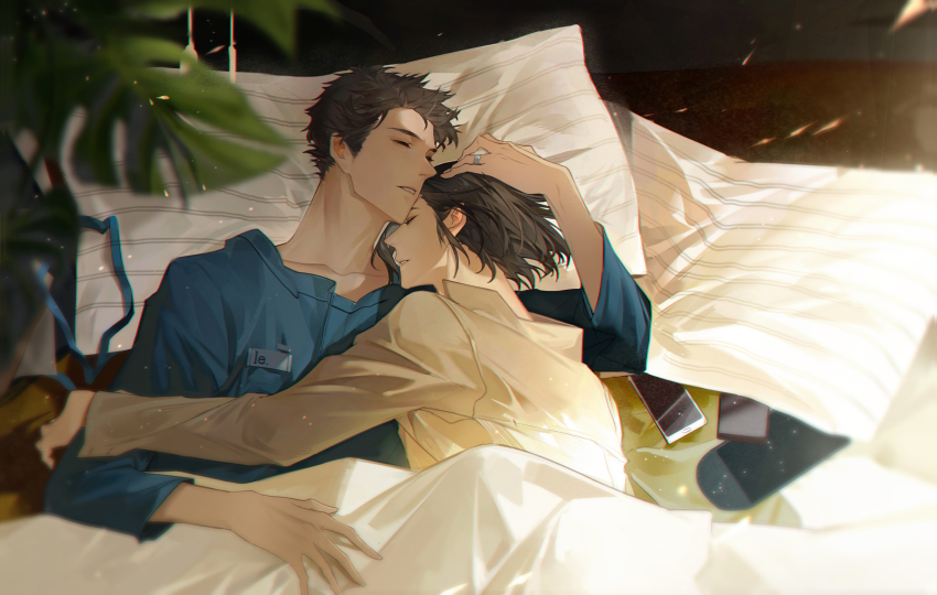 2boys, absurdres, black_hair, blue_shirt, brown_hair, cellphone, chinese_commentary, closed_eyes