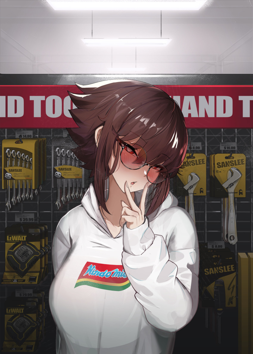 1girl, blush, breasts, brown_eyes, brown_hair, glasses, head_tilt, heart