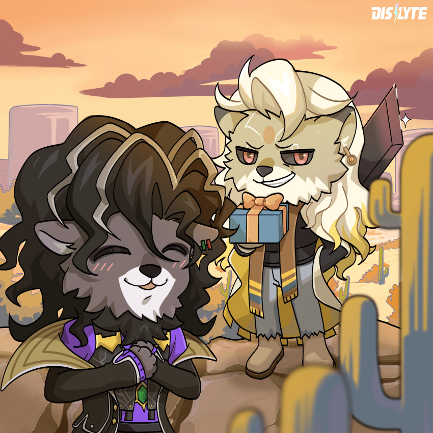 2boys, alolin_(pazuzu)_(dislyte), animal_ears, artist_request, black_sclera, blush, cactus, closed_eyes