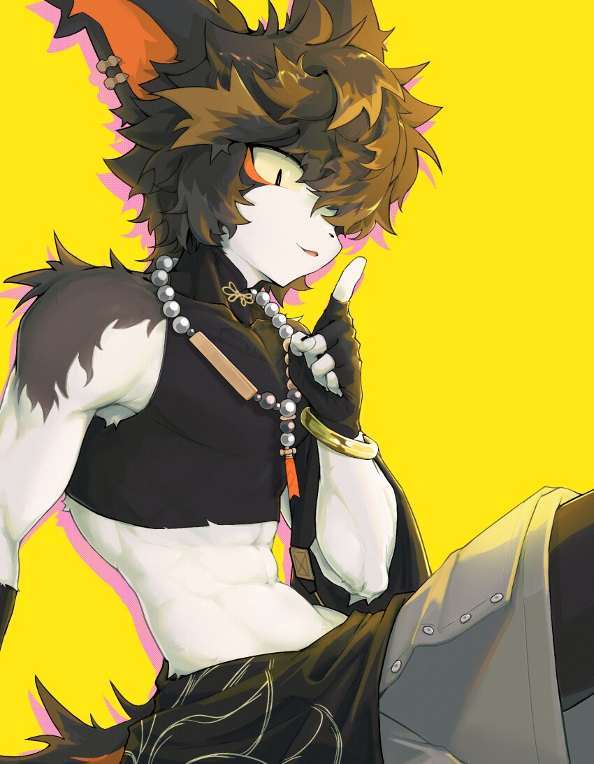 1boy, aak_(arknights), aak_(healing_hand_evil_heart)_(arknights), abs, arknights, black_gloves, black_shirt, crop_top