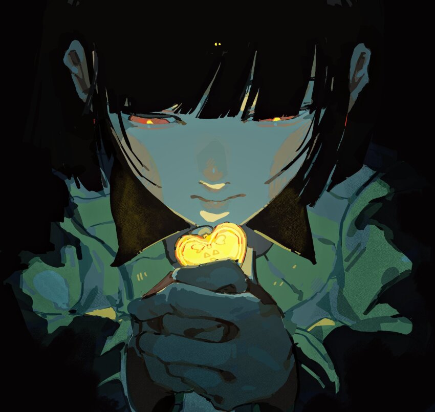 1other, artistlove_knm, black_background, black_hair, blunt_bangs, blunt_ends, bob_cut, bright_pupils