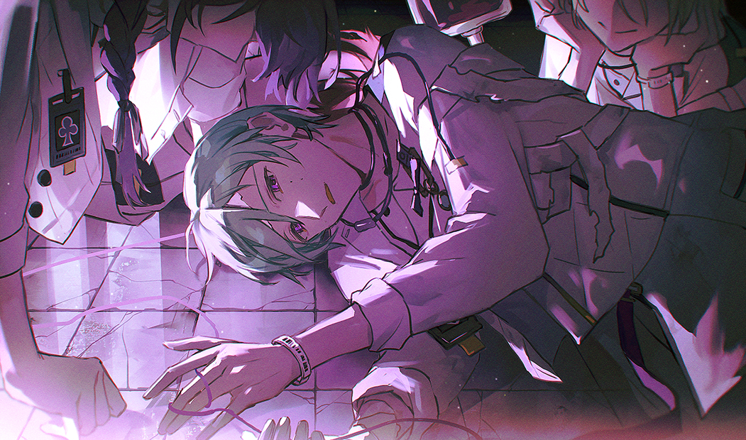 3boys, aqua_hair, ayase_mayoi, bandages_over_clothes, braid, braided_ponytail, ensemble_stars!, id_card, kaimen_mo, kazehaya_tatsumi, light_particles, looking_at_viewer, lying, male_focus, mole, mole_under_eye, multiple_boys, multiple_moles, on_floor, on_side, open_mouth, purple_eyes, purple_hair, shiratori_aira_(ensemble_stars!), shirt, short_hair, side_braid, tile_floor, tiles, white_shirt