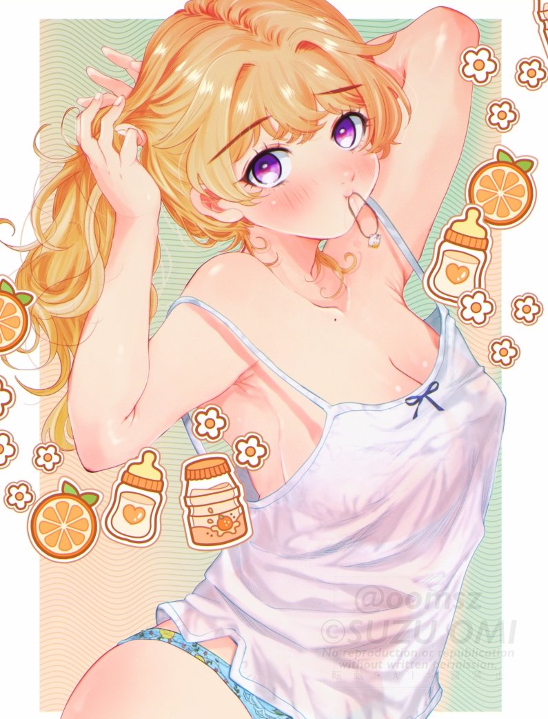 1girl, armpits, arms_up, blonde_hair, blue_panties, border, breasts, feeding, filter-goshi_no_kanojo, flower, food, fruit, gyaru, hair_tie_in_mouth, koto_mitsuha, large_breasts, long_hair, mouth_hold, no_bra, official_art, oomsz, orange_(fruit), panties, ponytail, purple_eyes, shirt, sleeveless, sleeveless_shirt, solo, underwear, very_long_hair, white_border, white_shirt