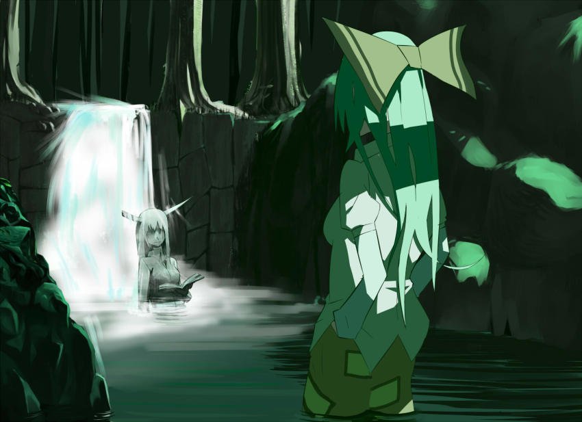 1girl, bad_id, bad_pixiv_id, book, bow, c-button, ex-keine, female_focus