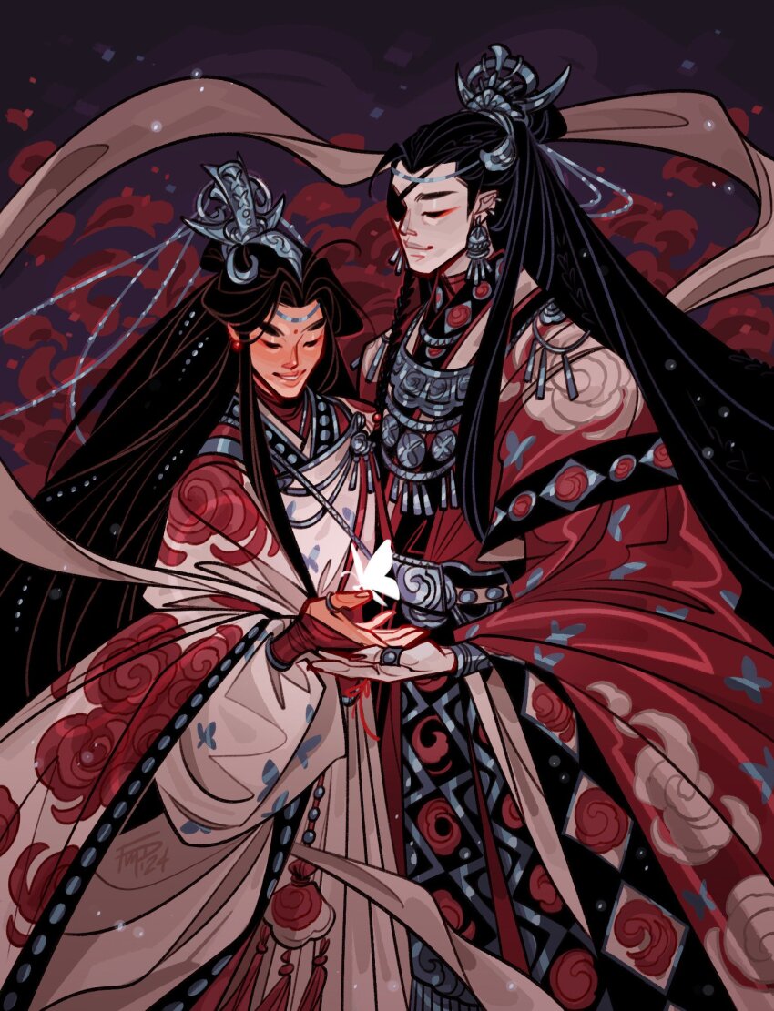 2boys, animal_print, beads, belt, black_eyes, black_hair, black_trim, braid