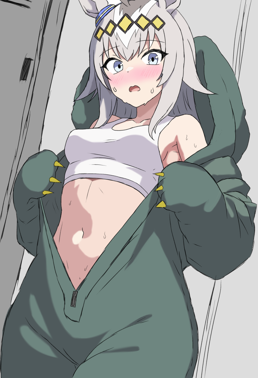 1girl, ahoge, amagappa_(kinketsuamagappa), animal_ears, blue_eyes, blush, cosplay, ear_ornament, frown, grey_hair, hair_ornament, highres, horse_ears, horse_girl, indoors, kigurumi, locker, locker_room, long_hair, looking_at_viewer, mascot_costume, navel, oguri_cap_(gray_monster)_(umamusume), oguri_cap_(umamusume), open_mouth, solo, sports_bra, standing, sweat, umamusume, umamusume:_cinderella_gray, undressing, white_sports_bra