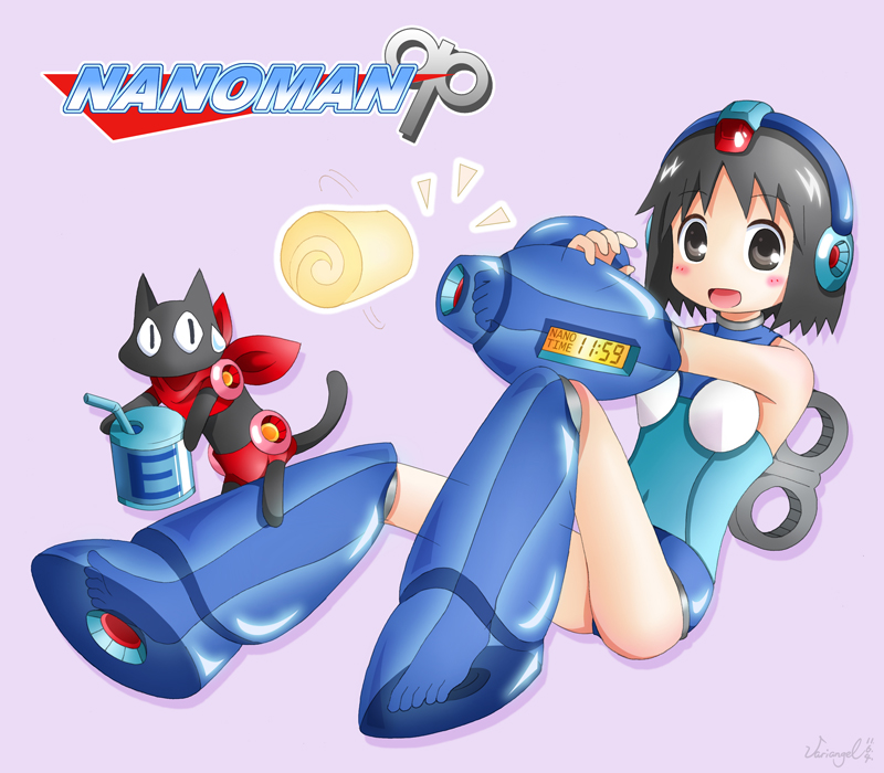 1girl, arm_cannon, black_cat, black_eyes, black_hair, blush, can, capcom