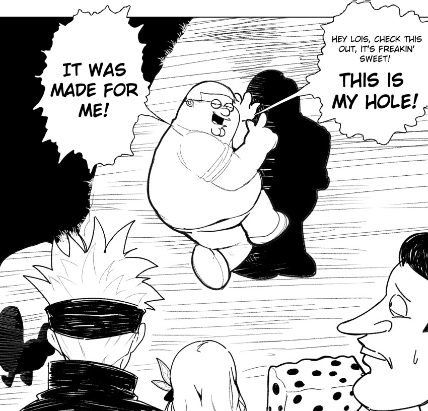 1girl, 4boys, blindfold, cleft_chin, commentary, crossover, dickbutt, english_commentary