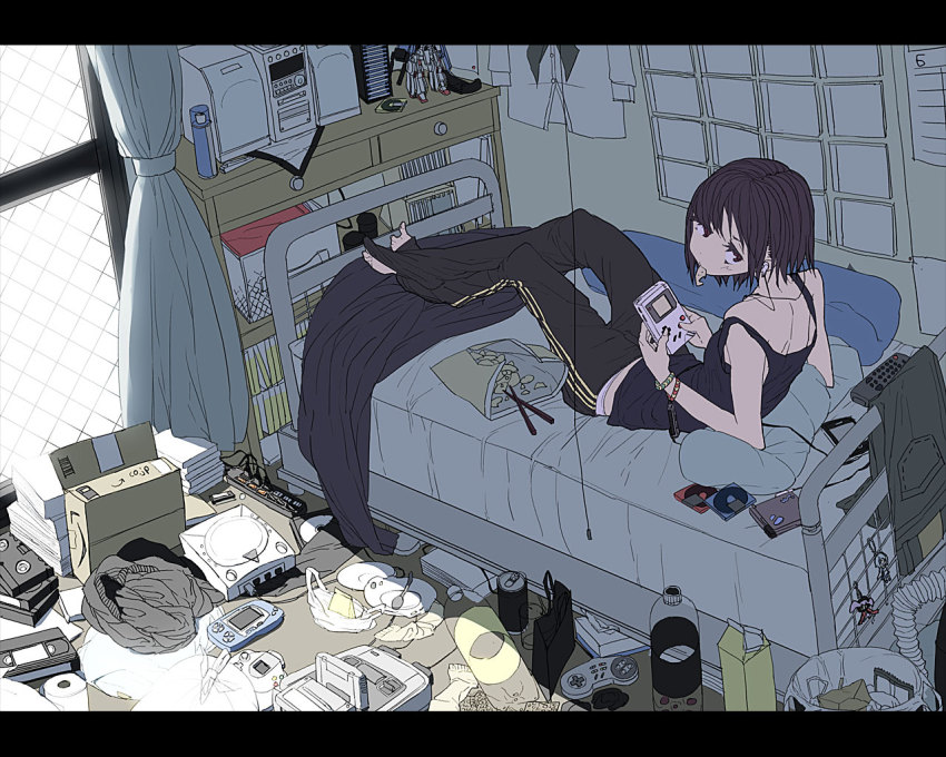 10s, 1girl, amazon_(company), arm_support, barefoot, bed, bottle, box, bracelet, can, cardboard_box, cd_player, character_doll, charlotte_(madoka_magica), charm_(object), chips_(food), chopsticks, controller, doll, earbuds, earphones, female_focus, flat_chest, food, food_in_mouth, game_boy, game_boy_(original), game_console, handheld_game_console, jewelry, kenja_tori, letterboxed, looking_back, mahou_shoujo_madoka_magica, mahou_shoujo_madoka_magica_(anime), messy_room, miki_sayaka, minidisc, minidisc_player, mouth_hold, mp3_player, original, playing_games, playing_video_games, potato_chips, reclining, remote_control, sega_dreamcast, short_hair, solo, stereo, super_famicom, tank_top, trash_bag, trash_can, video_game, videocassette, water_bottle, wonderswan