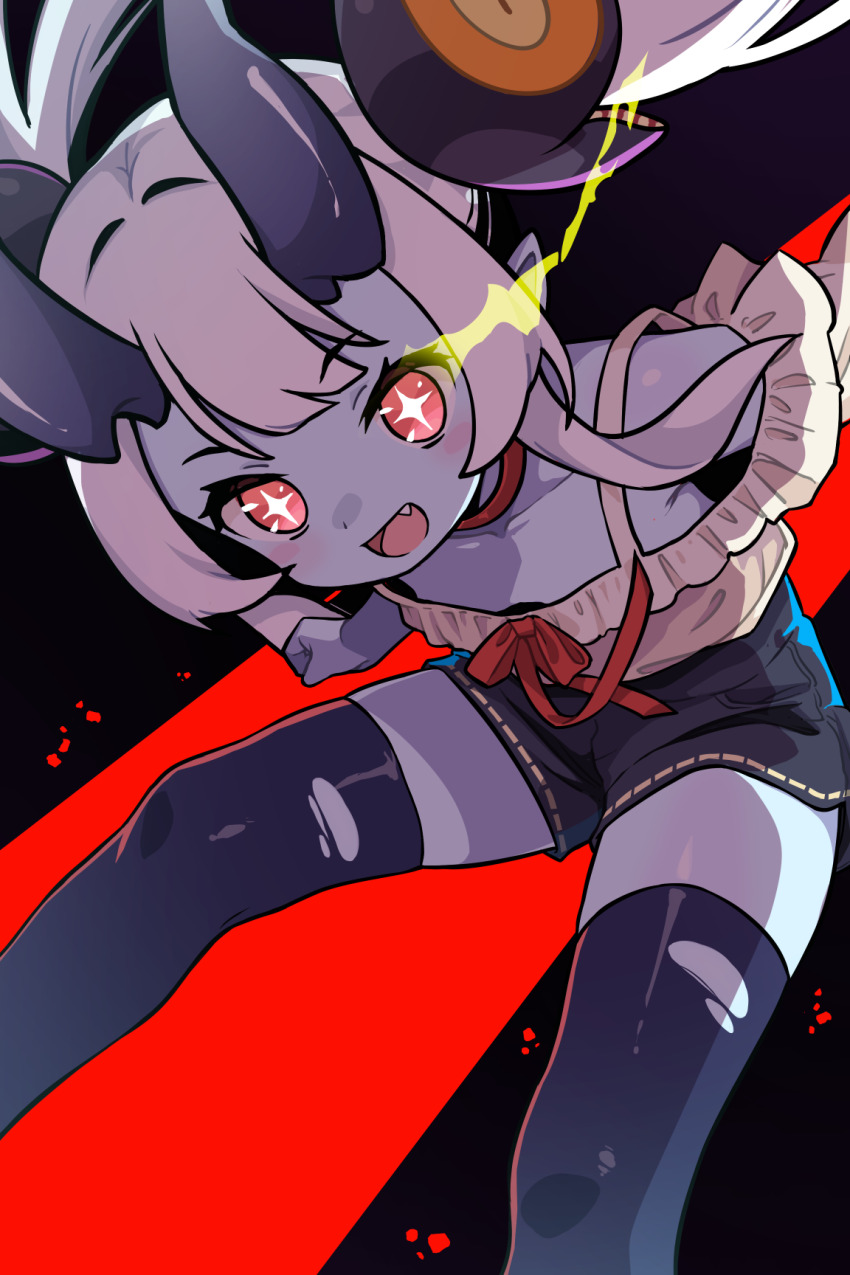 +_+, 1girl, arum_(world_flipper), black_horns, black_shorts, black_thighhighs, blue_skin, blush
