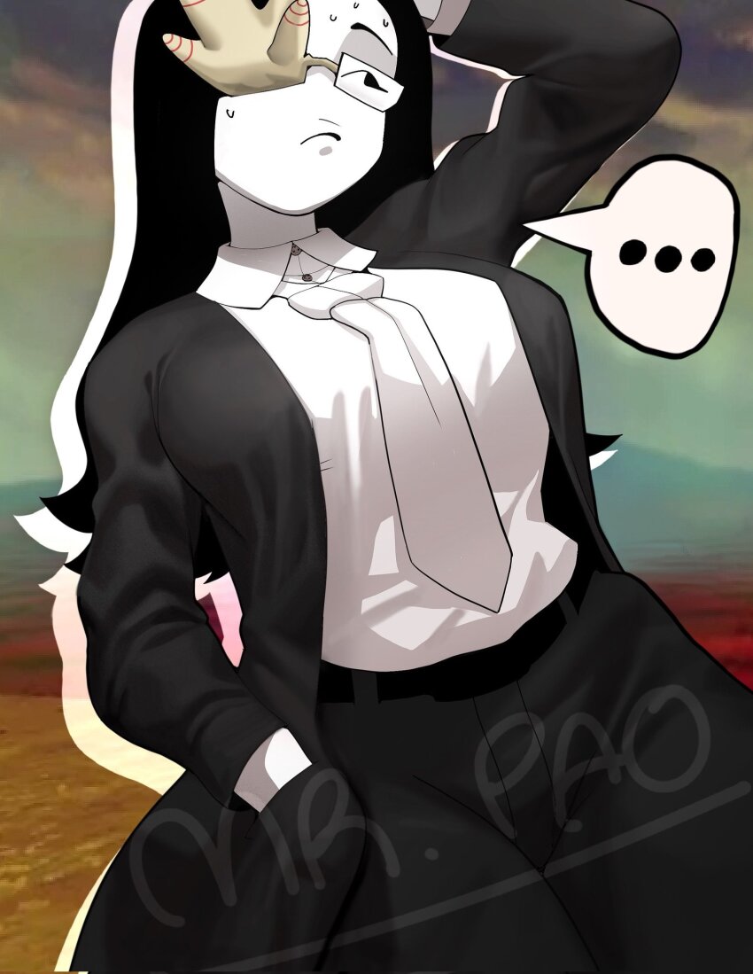 ..., 1girl, artist_name, black_jacket, black_pants, breasts, closed_mouth, collared_shirt, colored_skin, coral_glasses, ena:_dream_bbq, ena_(series), glasses, hands_on_own_head, highres, jacket, large_breasts, long_hair, long_sleeves, looking_to_the_side, mrpao, necktie, outdoors, pants, shirt, speech_bubble, sweat, white_necktie, white_shirt, white_skin