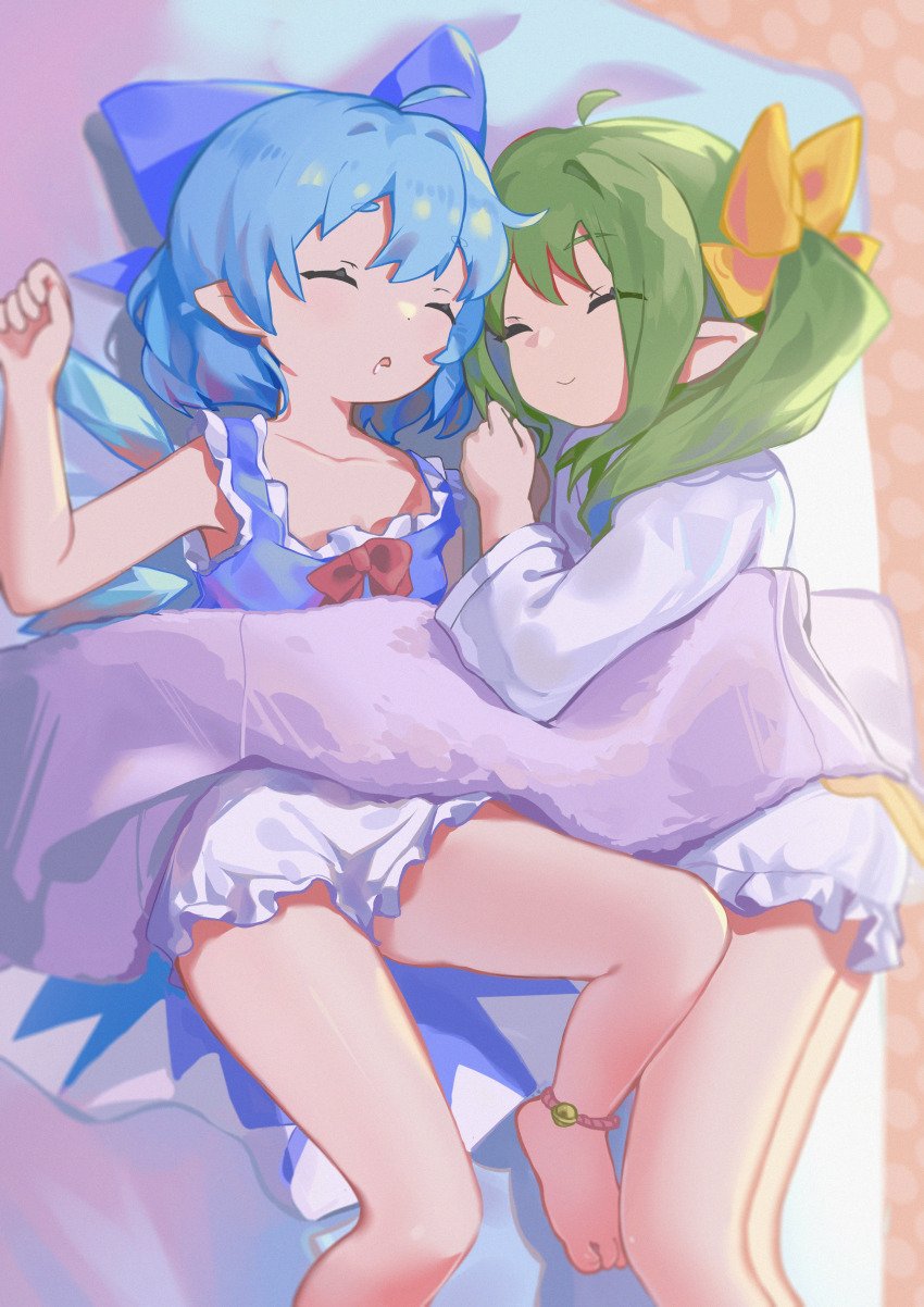 2girls, absurdres, anklet, aqua_hair, blanket, bloomers, blue_camisole, bow, camisole, cirno, closed_eyes, closed_mouth, commentary_request, daiyousei, flat_chest, green_hair, hair_bow, highres, hxj_(2324184595), jewelry, long_hair, long_sleeves, lying, multiple_girls, on_back, pajamas, pointy_ears, red_bow, saliva, short_hair, sleeping, smile, touhou, underwear, white_bloomers, white_pajamas, wings, yellow_bow, yuri