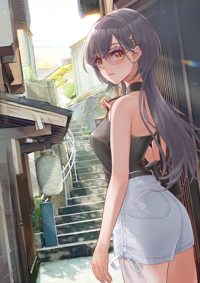 1girl, absurdres, alternate_costume, backless_shirt, bare_shoulders, belt, bespectacled, black_belt, black_shirt, closed_mouth, commentary_request, cowboy_shot, dappled_sunlight, dutch_angle, earrings, glasses, grey_hair, hair_ornament, halter_shirt, halterneck, high-waist_shorts, highres, ishikawa_prefecture, jewelry, kanazawa_(city), katsuragi_izumi, kazuemachi_(kanazawa), kobassy, link!_like!_love_live!, long_hair, looking_at_viewer, looking_back, love_live!, orange_eyes, outdoors, pink-framed_eyewear, pink-tinted_eyewear, pocket, shirt, short_shorts, shorts, sleeveless, sleeveless_shirt, smile, solo, stairs, sunlight, tinted_eyewear, transparent-framed_eyewear, triangle_earrings, triangle_hair_ornament, virtual_youtuber, white_shorts, wolf_cut