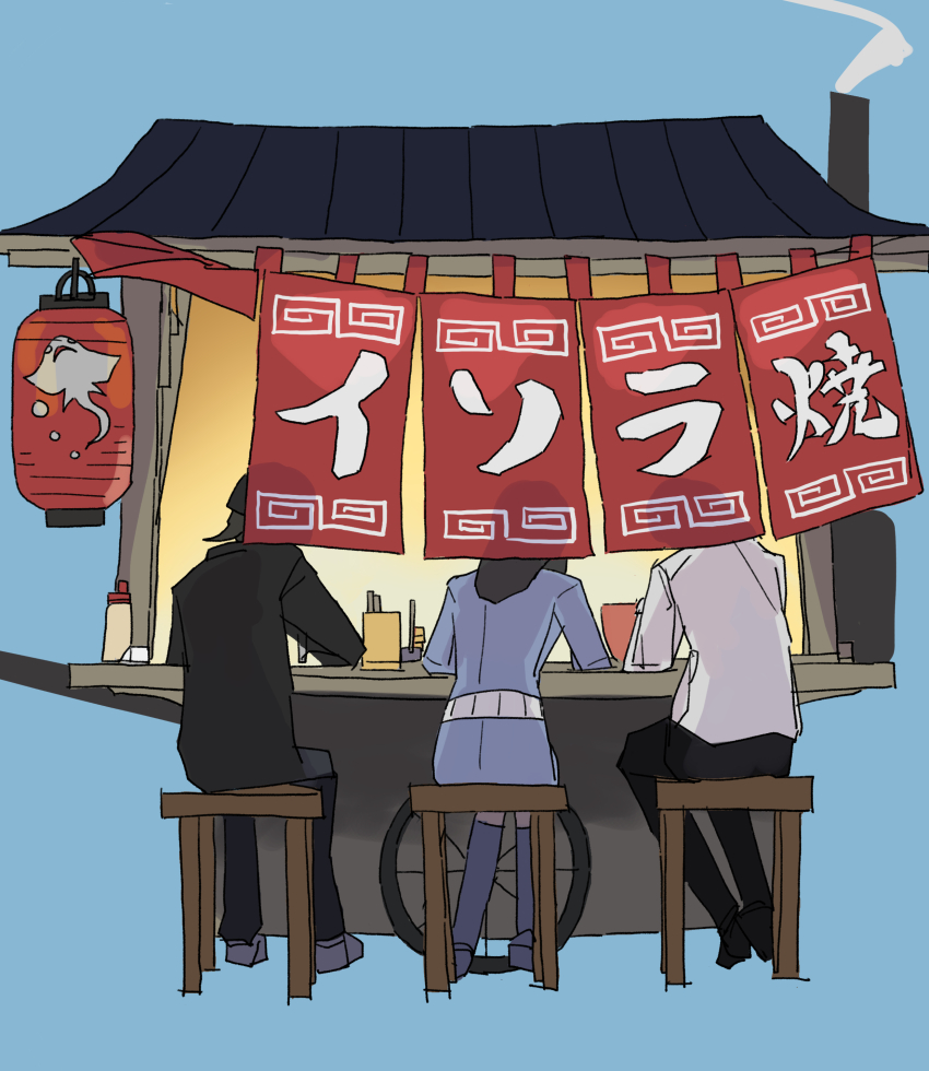 1boy, 2girls, absurdres, belt, black_hair, black_hat, black_pants, blue_background