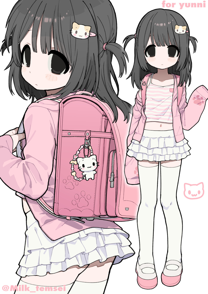 1girl, :3, absurdres, arm_at_side, ass, backpack, bag, bag_charm, black_eyes, black_hair, blunt_bangs, charm_(object), child, closed_mouth, commission, contrapposto, english_text, expressionless, eyebrows_hidden_by_hair, flat_chest, frills, from_behind, from_side, hand_up, heisei_retro, highres, hood, hoodie, jojifuku, layered_skirt, light_blush, long_hair, looking_at_viewer, looking_back, mary_janes, midriff, milk_(milk319319), multiple_views, navel, original, paw_print, pigeon-toed, pink_bag, pink_hoodie, randoseru, shoes, simple_background, skeb_commission, skirt, sleeves_past_fingers, sleeves_past_wrists, standing, thighhighs, two_side_up, uwabaki, white_background, white_skirt, white_thighhighs